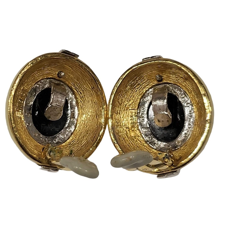 Vintage CINER SilverTone Enamel Black Stone Clip On Earrings SIGNED RARE - Picture 2 of 7